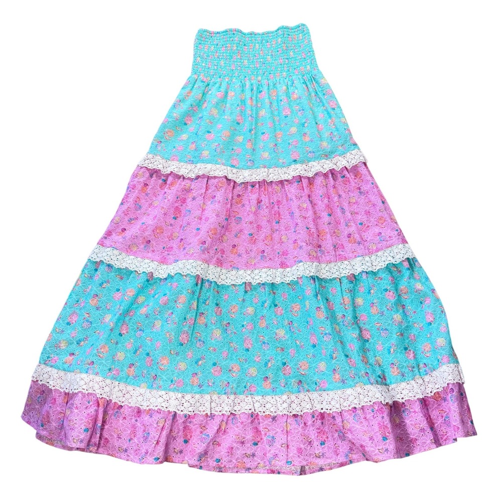 Beach Bunny Everette Maxi Skirt Teal Pink Seashell Eyelet Lace Smocked Boho NWT - Picture 2 of 13